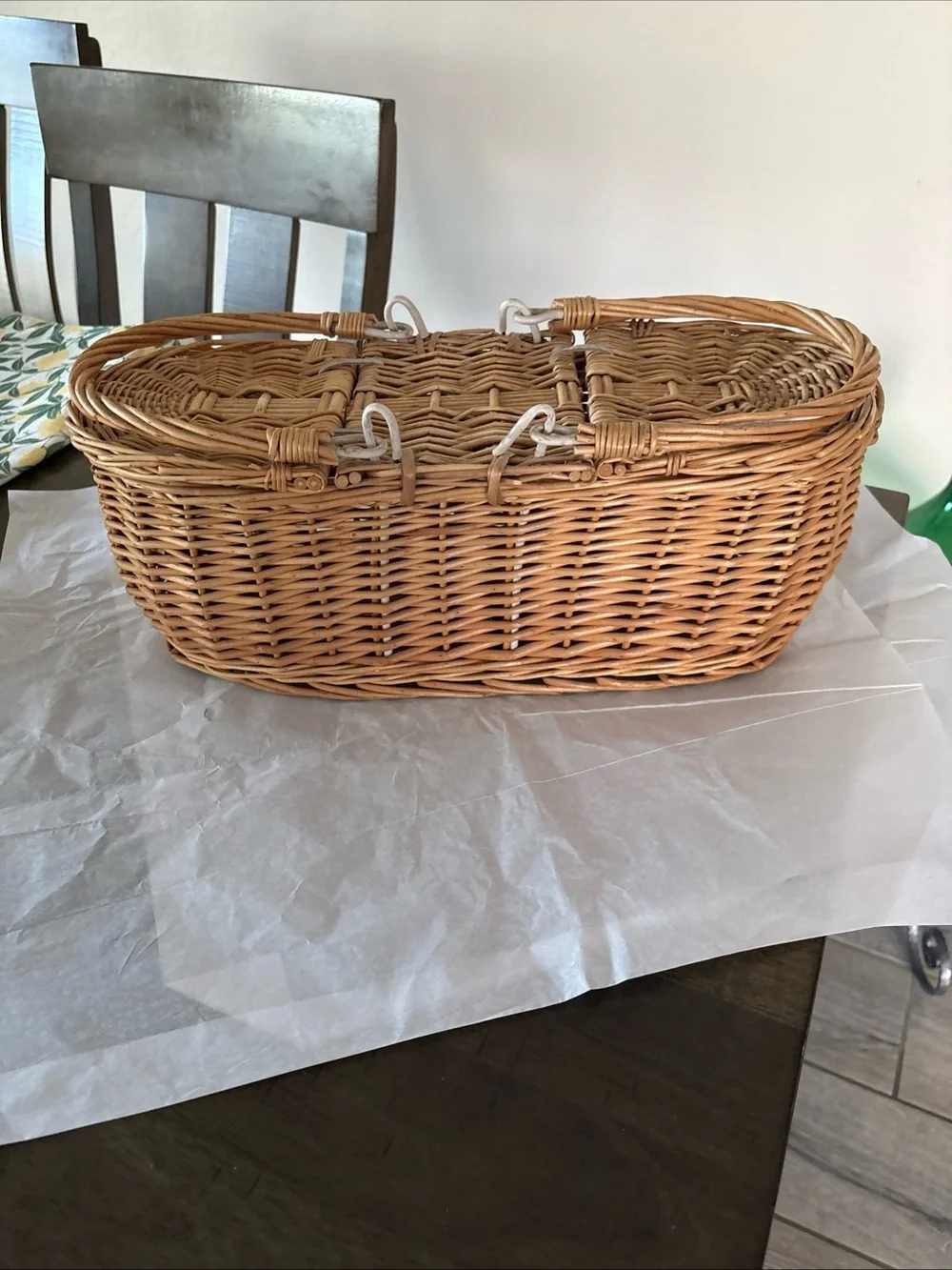 Gorgeous Vintage Oblong 15” Long WICKER Double Lidded Picnic Basket Awesome